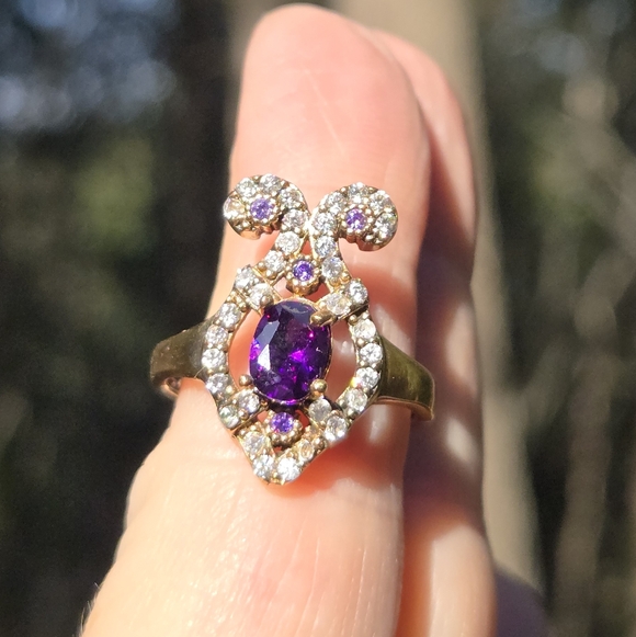 Amethyst 4k & Topaz Elegant Fleur-de-lis style Sterling & Gold ring sz 7.75 - Picture 7 of 11